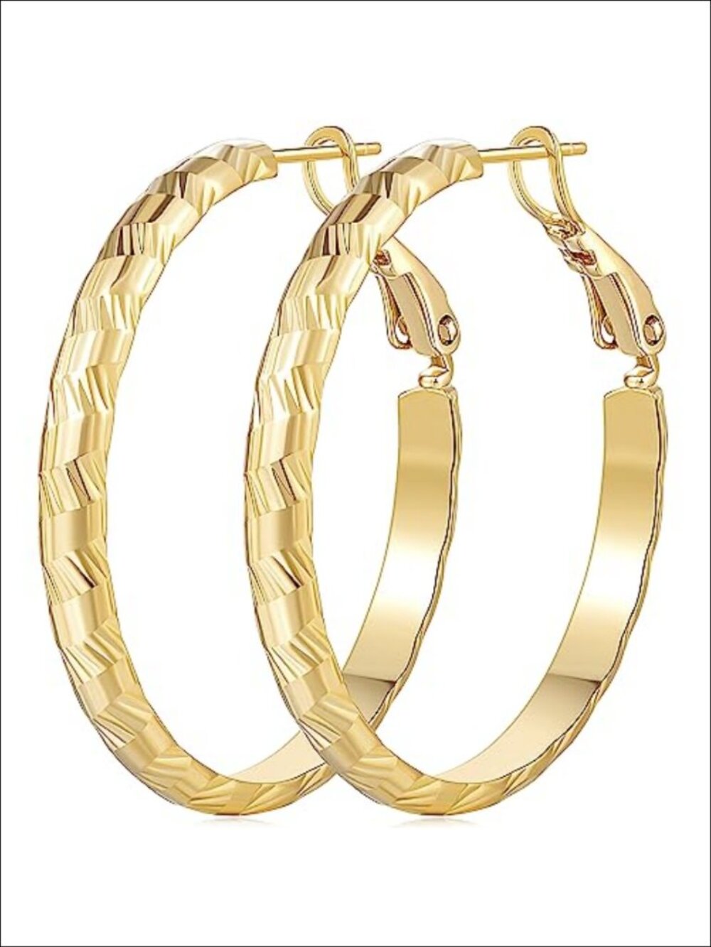 14K Gold Plated Hoop Earrings for Women 33mm Textured Paddle Back